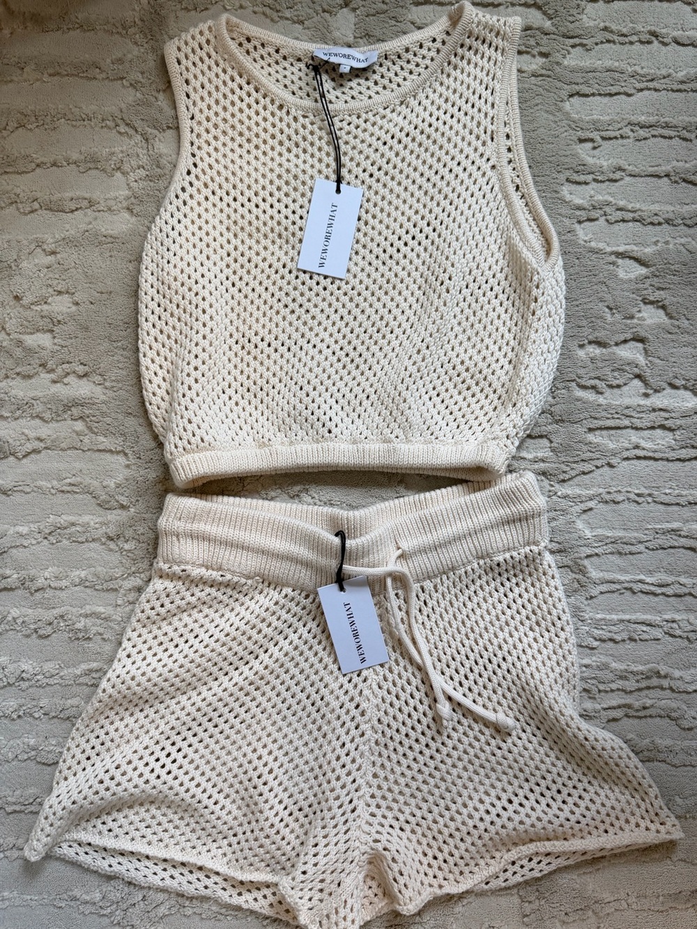 WeWoreWhat Cream Crochet Cover Up Set Crop Top and Shorts